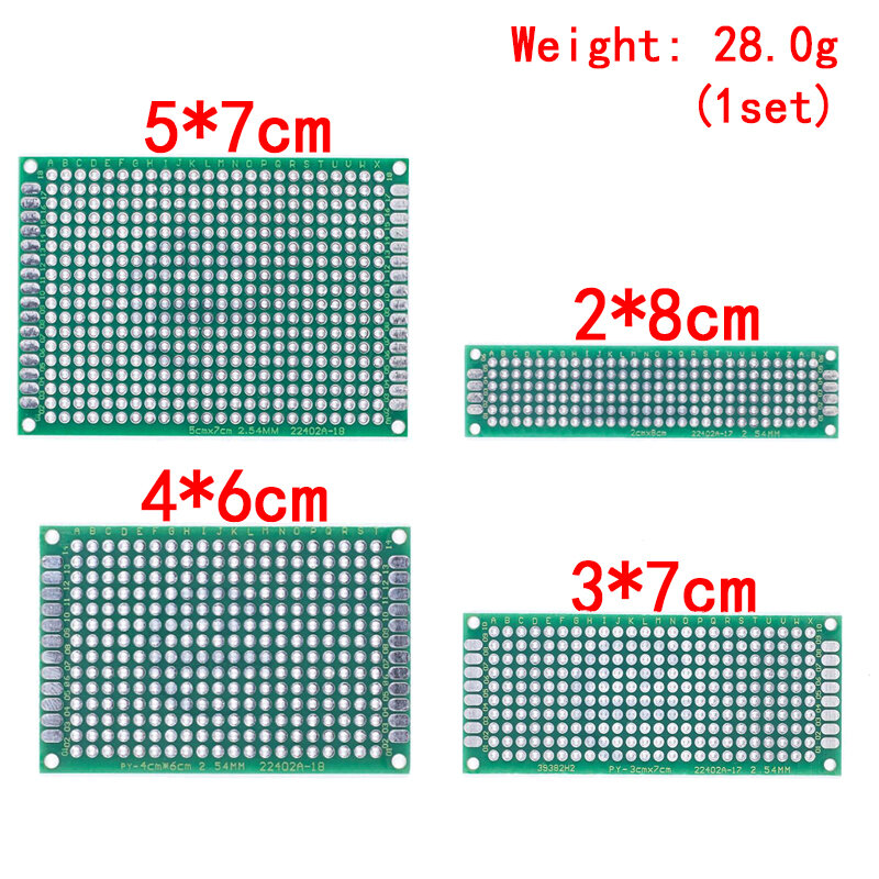 Duplo lado cobre protótipo pcb, placa de fibra de vidro para arduino, universal, drop shipping, 5x7, 4x6, 3x7, 2x8cm, 4pcs