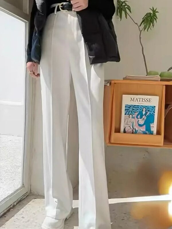 Setelan putih celana lebar wanita baru celana Solid musim panas longgar pinggang tinggi mode wanita kasual lurus celana wanita 2024