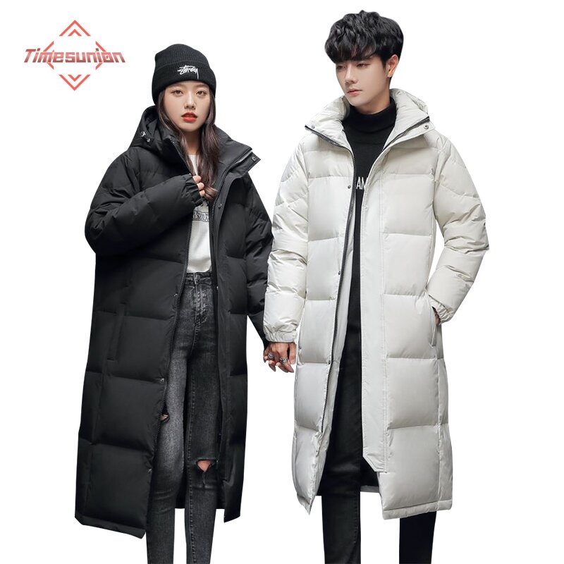 Piumino da uomo versione coreana sopra il ginocchio addensare cappotto lungo anatra coppie con cappuccio caldo inverno amanti vestiti donna