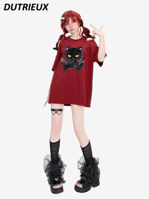 Red Flocking Loose Mid-Length T-shirt for Women Summer Off-Shoulder Sweet Cool Punk Style T Shirts Round Neck Short Sleeve Tops