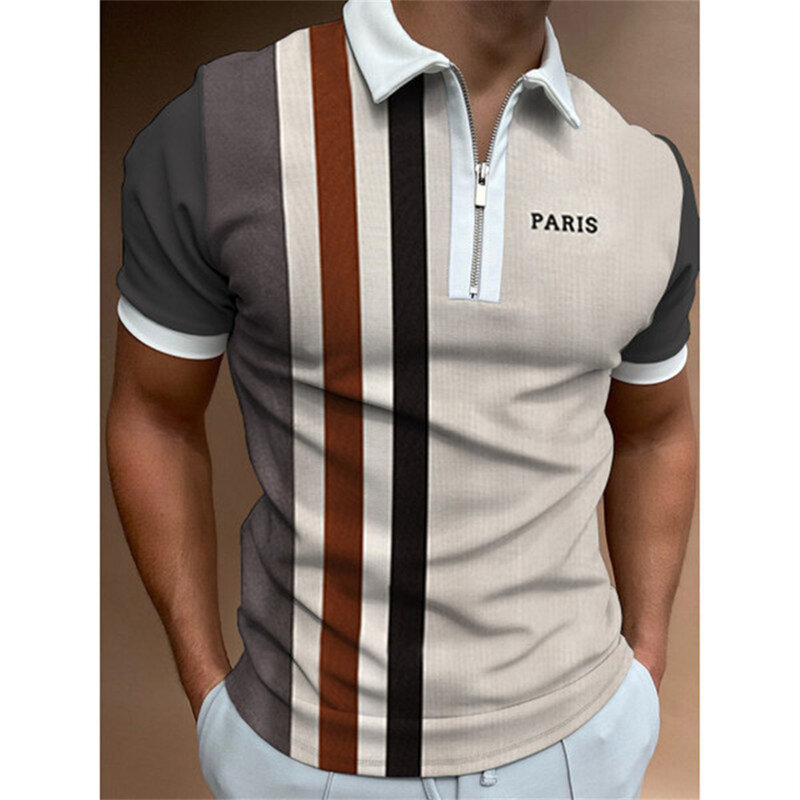 2023 قميص بولو للرجال الصيف الرجال بلايز اليومية قصيرة الأكمام مخطط جولف عادي ملابس الرجال القمصان بدوره إلى أسفل طوق سحابات المحملة