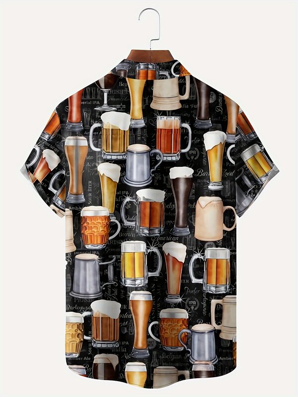 Large size chic Hawaiian shirt 3D beer pattern lapel comfortable men's personality peripheral print summer short sleeves