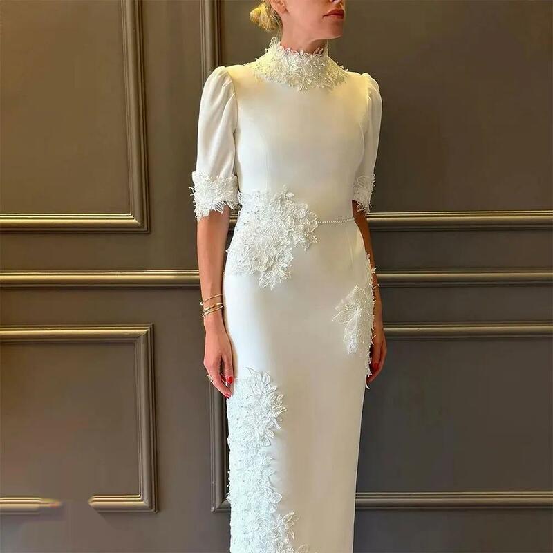 High-Neck Prom Dress Half Sleeves With Floor Length Evening Dress Women Wedding Party Formal Gowns Arabia2024