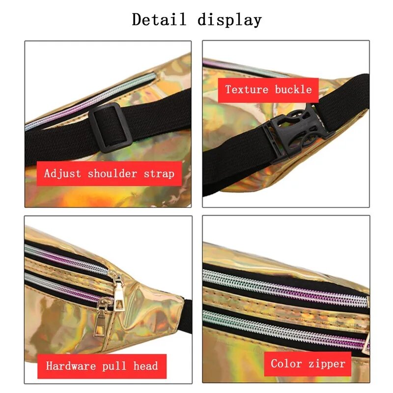 Double Zipper Waist Bag Men Women Fashion Adjustable Strap Laser Crossbody Chest Bags Unisex Outdoor Sports Running Waist Packs