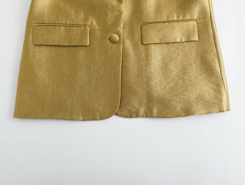 Frauen neue Mode Gold gerade geschnittenen einreihigen losen Blazer Mantel Vintage Langarm Taschen weibliche Oberbekleidung Chic