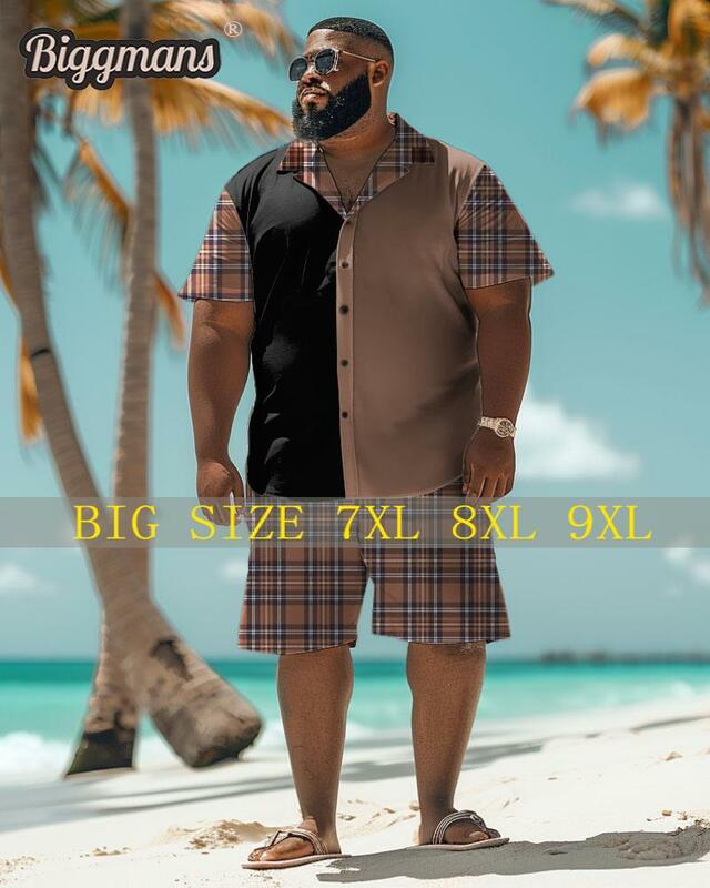 Biggmans размера плюс Set (L-9Xl) для лета, большой Гавайский костюм, Мужская серия с принтом в клетку, рубашка с коротким рукавом, шорты 7Xl 8Xl 9Xl