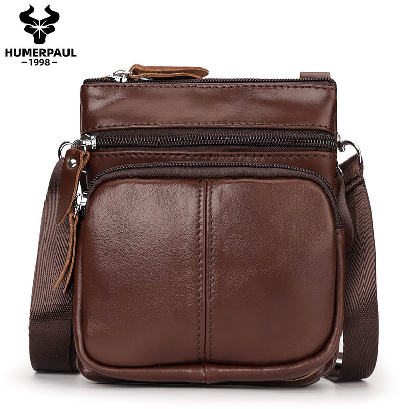HUMERPAUL 2024 New Genuine Leather Mens Shoulder Bag Small Vintage Shoulder Bags Mini High Quality Male Crossbody Bag for Travel