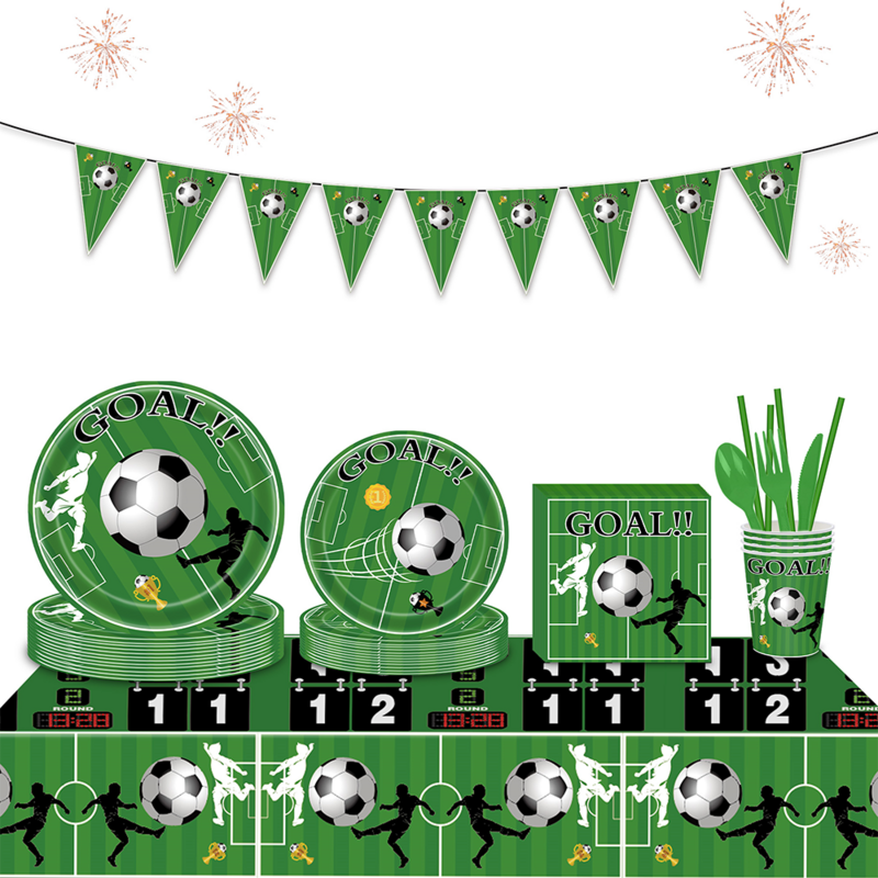 Vajilla temática de fútbol, vasos de papel, platos para decoración de fiesta de cumpleaños