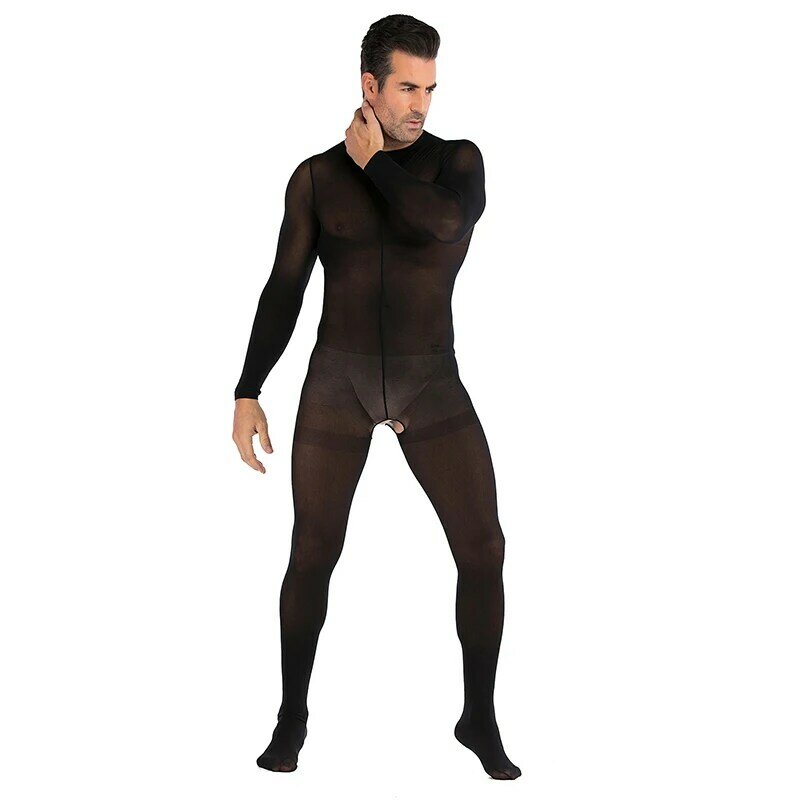 Herren sexy Overall einfarbig Rundhals ausschnitt Langarm Bodysuit Nachtclub sexy Pyjama Unterwäsche dünne transparente Dessous