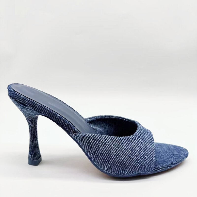 Zapatos de tacón alto para mujer, calzado de punta redonda, color azul, novedad de 2024