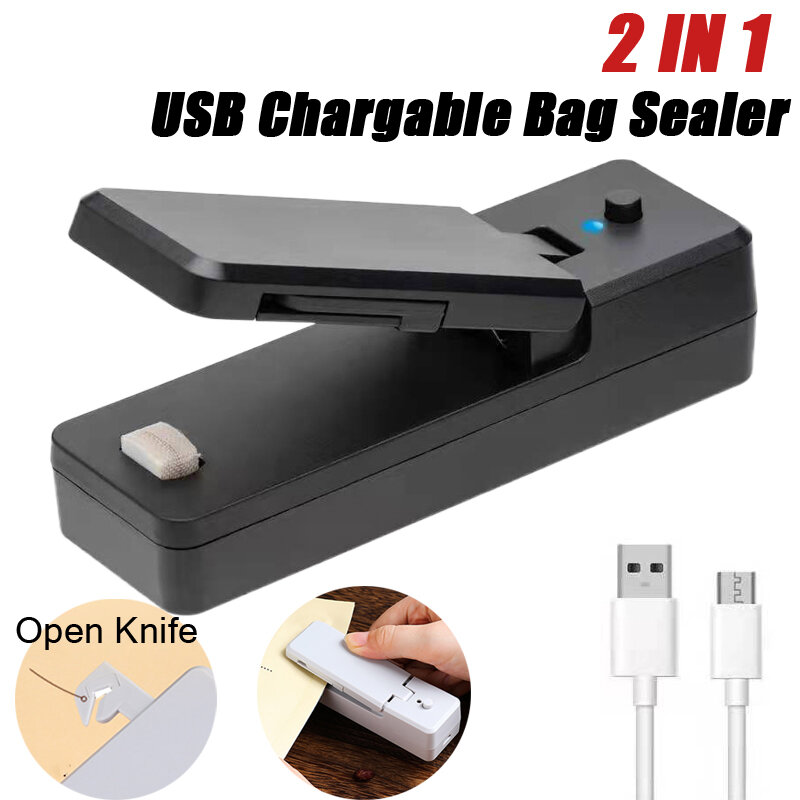 Penyegel Tas Mini USB 2-In-1 Segel Panas Dapat Diisi Ulang Penyegel Panas Vakum Genggam Pemotong untuk Penyimpanan Kantong Plastik Makanan