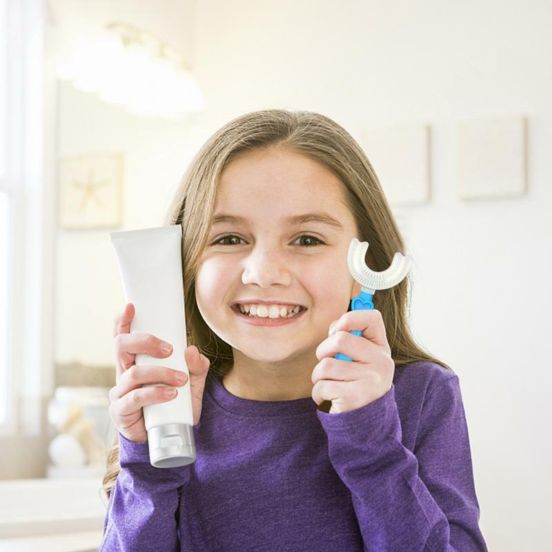 Cepillo de dientes en forma de U para niños pequeños, 2 piezas, boca entera, cabeza de silicona de grado alimenticio, entrenamiento Manual