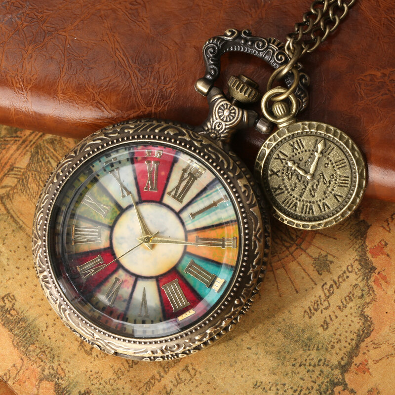 Caixa de vidro transparente colorido numerais romanos dial analógico colar relógio charme relógio de bolso de quartzo para homem feminino com acessório