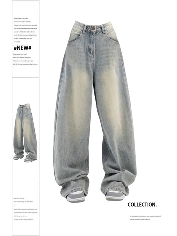 Women Vintage Baggy Blue Jeans High Waist Denim Trousers 2000s Y2k Harajuku Fashion 90s Aesthetic Wide Pants Trashy Clothes 2023