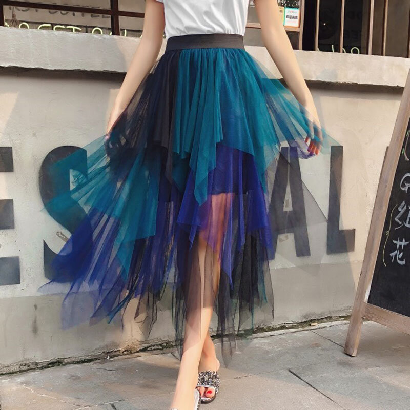 Spring Sweet Multi-color Tulle Patchwork Irregular Skirts Elastic Waist A-line Tiered Mesh Pleated Calf Long Skirts Wholesale