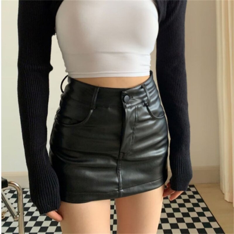 Y2K Streetwear Sexy Black PU Leather Mini Skirt for Women High Waist Bodycon