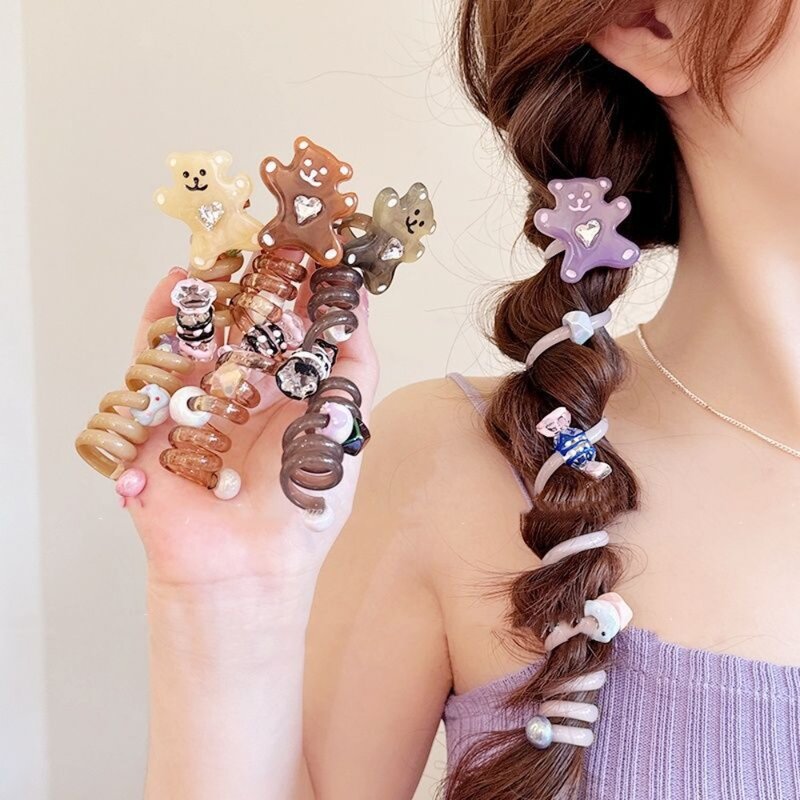 Mignon petit ours ligne téléphonique boucle de cheveux, bobine spirale, caoutchouc, bande élastique, accessoires pour filles