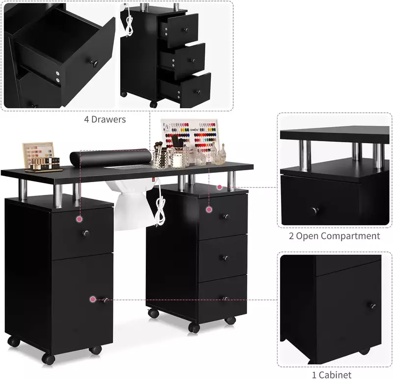 OmySalon Manicure Table Nail Desk for Nail Tech, Nail Table Station w/Electric Dust Collector,  Makeup Beauty Salon Storage