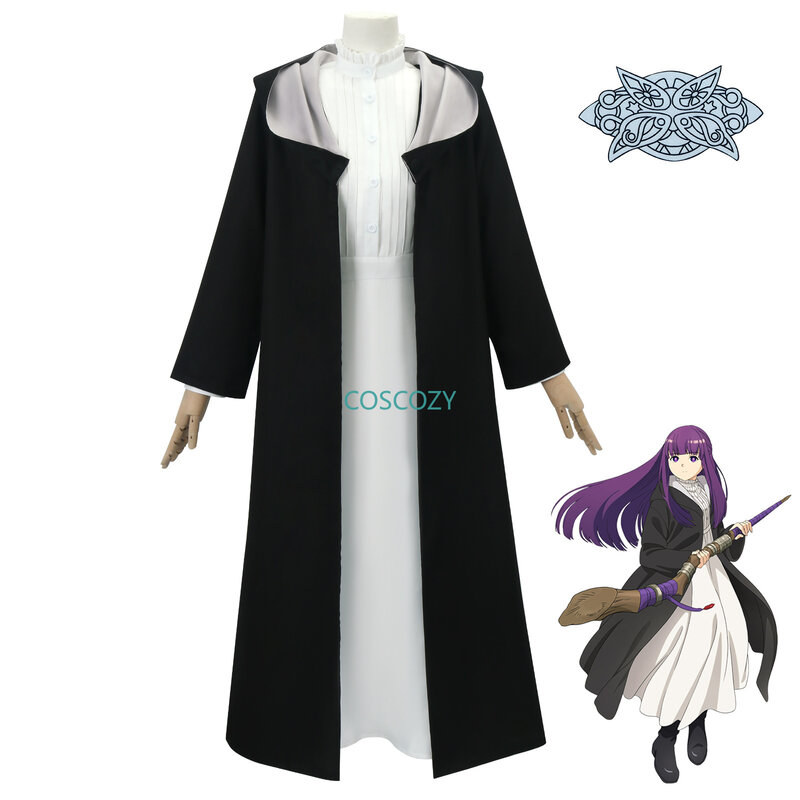 Disfraz de Anime Frieren: Beyond Journey's End helecho, vestido largo blanco y bata negra, peluca púrpura, tocado, traje de Halloween