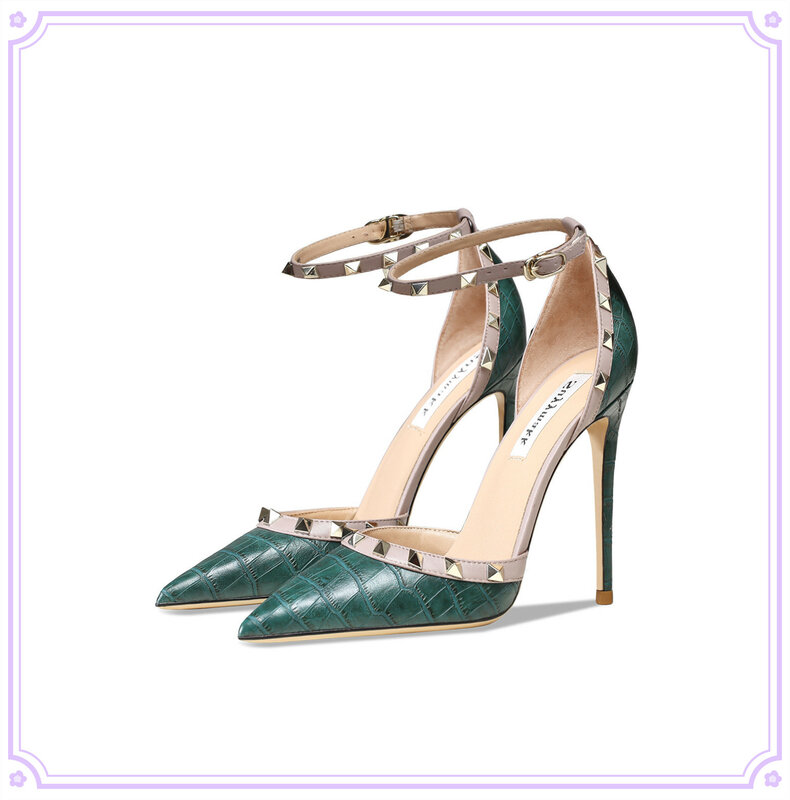 Chaussures à talons hauts pointus en cuir véritable pour femmes, sandales gladiateur à rivets, escarpins sexy, 10 cm, 2023