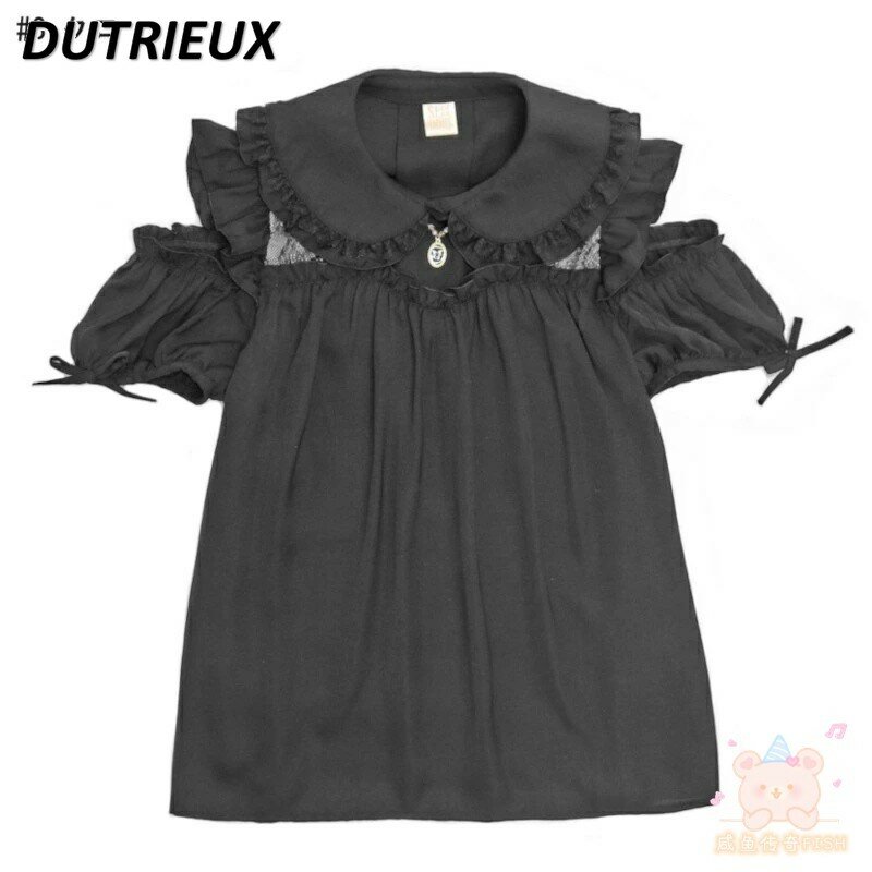 Japanese Style SC New Summer Sweet Cute Girls Short Sleeve Solid Color Top Hollow Pendant Bow Mine Mass-Produced Base Shirt
