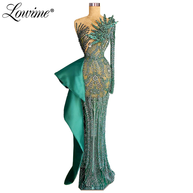 Zielone suknie wieczorowe długie rękawy 2022 zroszony syrenka sukienki na przyjęcie na ślub arabski korowód suknie balowe Vestido De Festa