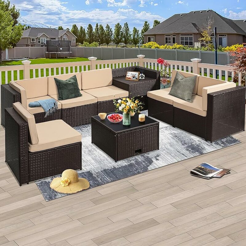 Outdoor Wicker Rattan Patio Furniture Sectional Set, Glass Top Table with Hidden Storage, Brown Color Rattan with Beige Cushion