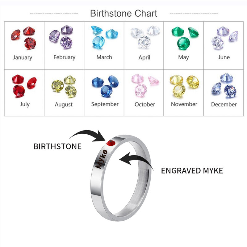 Cincin nama personalisasi cincin batu kelahiran kustom cincin baja tahan karat lebar 3mm hadiah perhiasan khusus