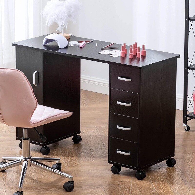 Manicure Nail Desk for Technician, Acetone Resistant Wooden Salon Spa Nail Table Station w/Cabinet, Drawers