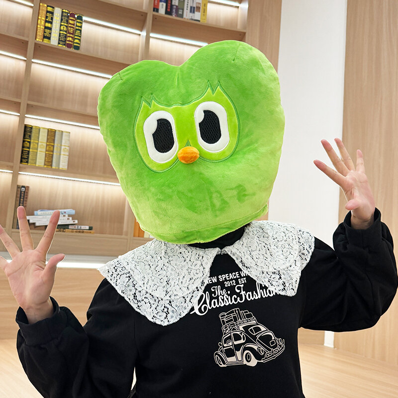 Szkocka rasa wyżynna pluszowa sowa nakrycia głowy śliczne zwierzęta kreskówkowe puszyste kapelusze na imprezę Cosplay dzieci dorosłych maski zielone Duolingo prezenty świąteczne