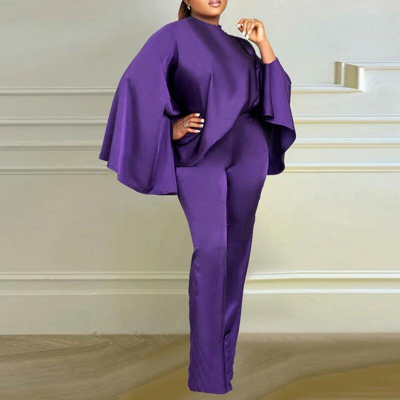 Conjunto de Top y pantalones largos de satén de imitación para mujer, ropa elástica de manga larga de murciélago, Color sólido, 2 unidades por Set
