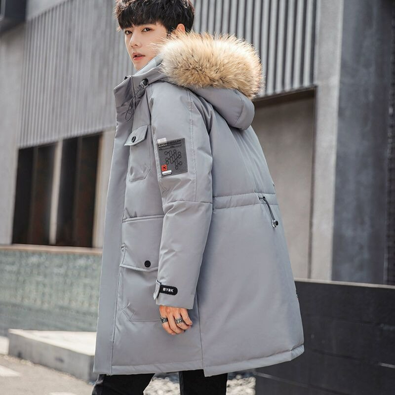 남성용 다운 재킷, 중간 길이 작업복, 후드 코트, 두껍고 따뜻한 대형 퍼 칼라, 하이엔드 방한 상의, 트렌디 겨울