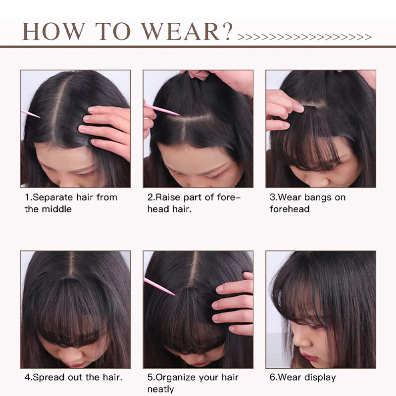 Wispy Bangs Clip em extensões de cabelo para mulheres, franja de ar com templos, hairpieces curvo, marrom e preto