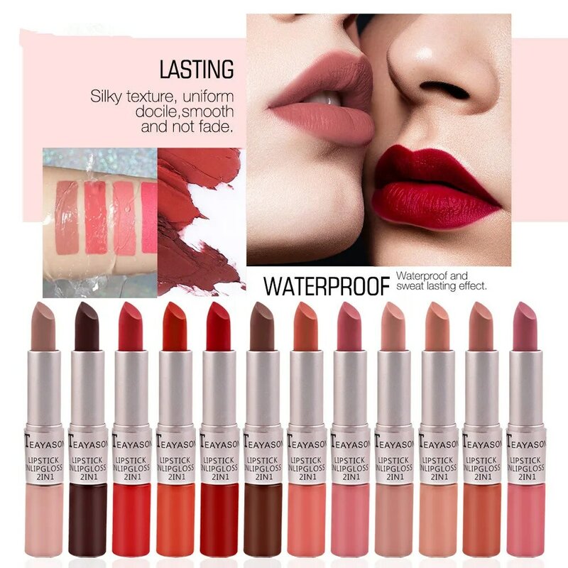 Rouge à lèvres 2 en 1, Double tête, mat, imperméable, longue durée, pour femmes, maquillage des lèvres, velours, liquide, 12 couleurs