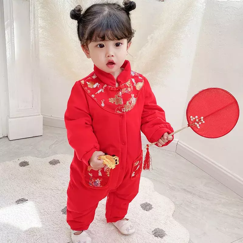 2 цвета, Китайская традиционная одежда из чистого хлопка для маленьких девочек, милый красный комбинезон с вышивкой, Детский новогодний наряд