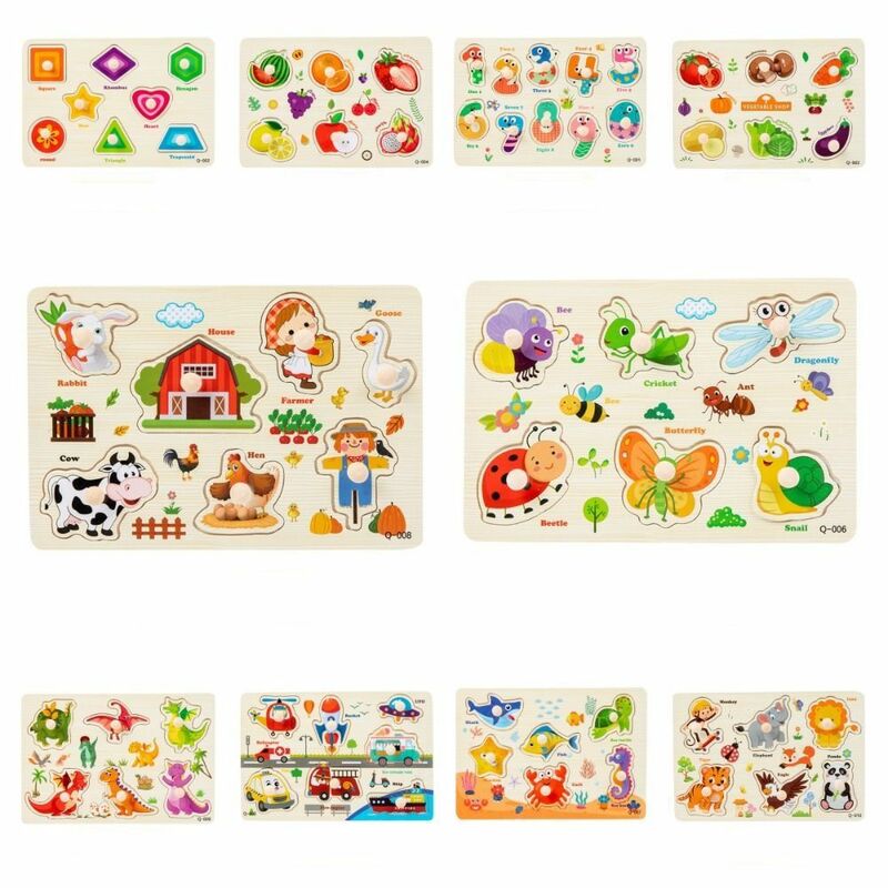 Montessori Wooden Puzzles Hand Grab Boards Toys Tangram Jigsaw Baby Educational Toys Cartoon Vehicle Animals Fruits 3D Puzzles