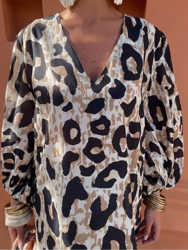 Vestido largo con estampado de leopardo para mujer, prenda elegante con cuello en V, holgada, con mangas farol, Estilo Vintage, informal, para primavera, 2024
