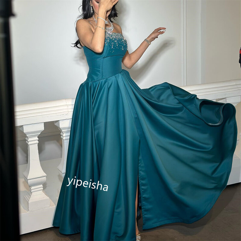 Satin Beading Draped Cocktail Party Ball Gown Strapless Bespoke Occasion Gown Long Dresses