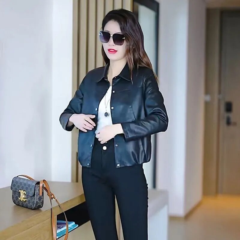 High-grade PU Leather Coat Women's Short Leather Jacket 2023 Autumn New Korean Loose Versatile Jackets Female Coats 4XL