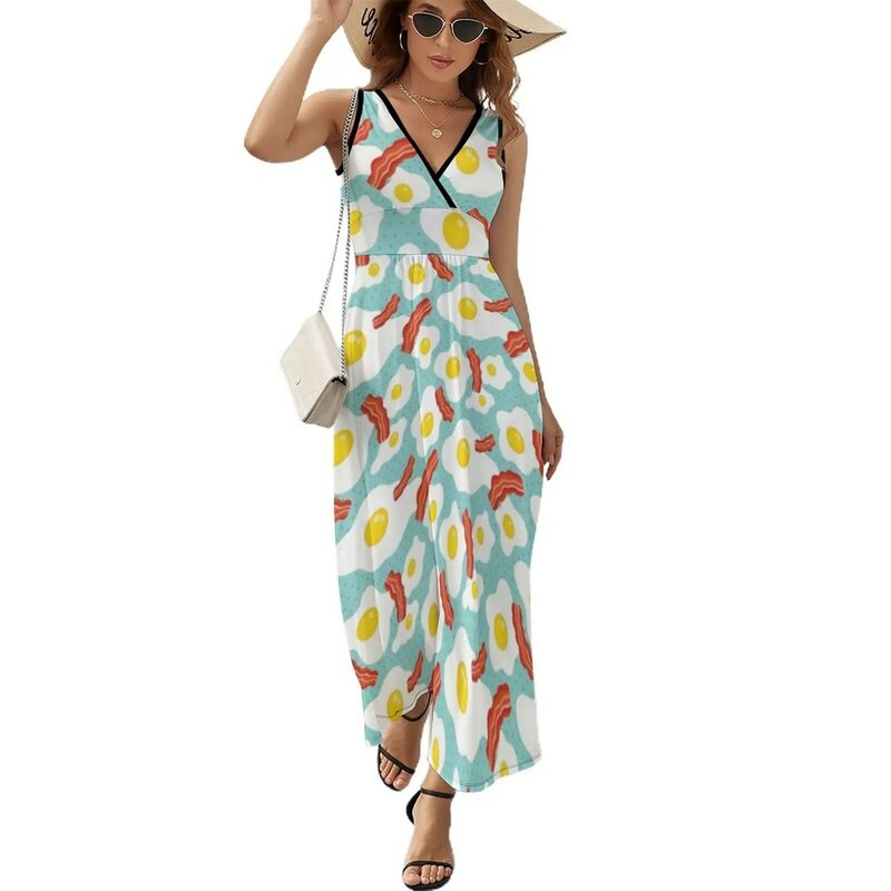 Женское летнее платье без рукавов, с рисунком яиц и бекона, 2023