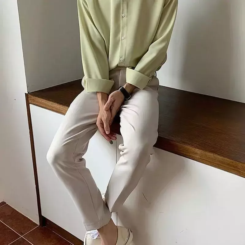 Camisa de manga comprida de seda verde-menta masculina, botão casual, camisa solta de cortina, roupa formal, alta qualidade, novo, 2022
