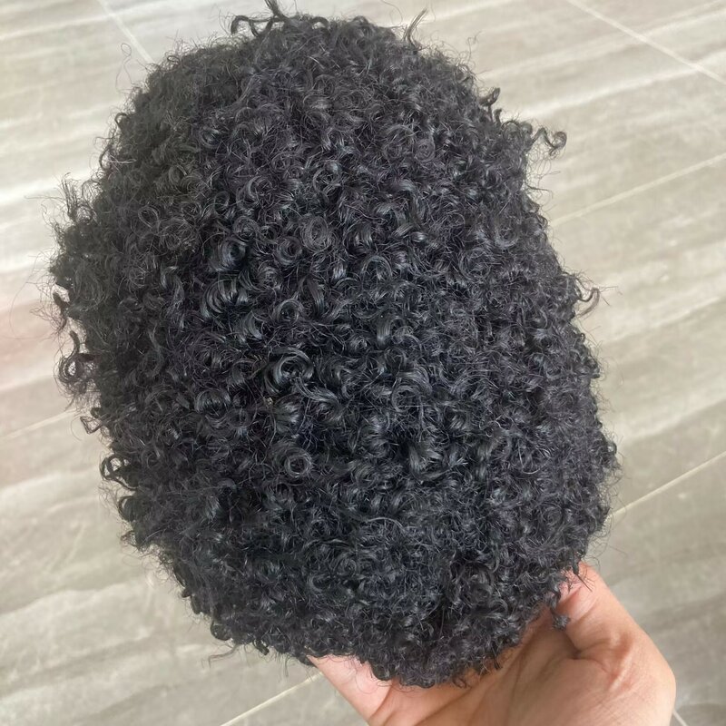 Black Mens Toupee 8mm Afro Curly Replacement Injected Skin PU Base Hairpiece for Men 100% Remy Human hair Brown Male Prosthesis