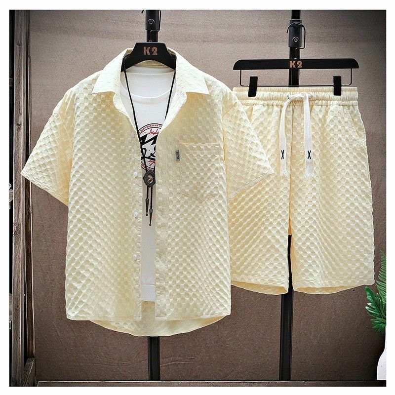 Men's leisure sports suit summer solid color T-shirt drawstring shorts with a set of advanced waffle men's wear.
