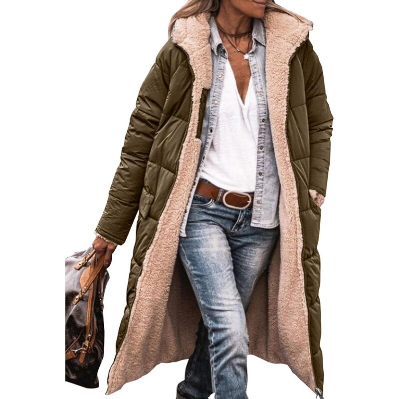 Women's 2023 Warm Winter Coats Reversible Sherpa Fleece Long Hooded Puffer Jackets Outerwear
