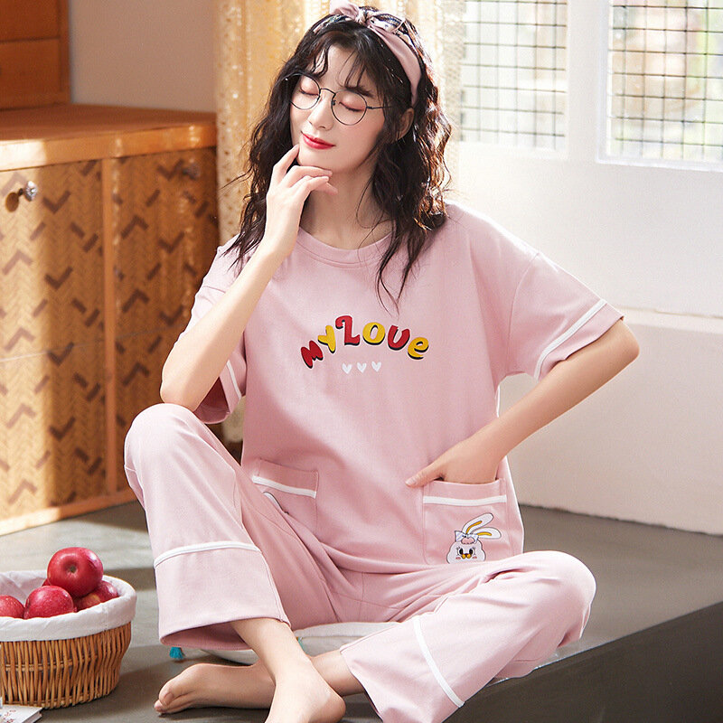 100% Cotton Womens Pajamas Set Female Pyjamas Woman Pijamas Cartoon Spring Autumn Short Sleeve Sleepwear Homewear Loungewear
