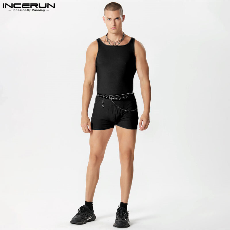 INCERUN jumpsuit pria tanpa lengan, jumpsuit gaya seksi mode pakaian rumah, jumpsuit desain Suspender kasual modis bergaris padat tanpa lengan S-3XL 2023