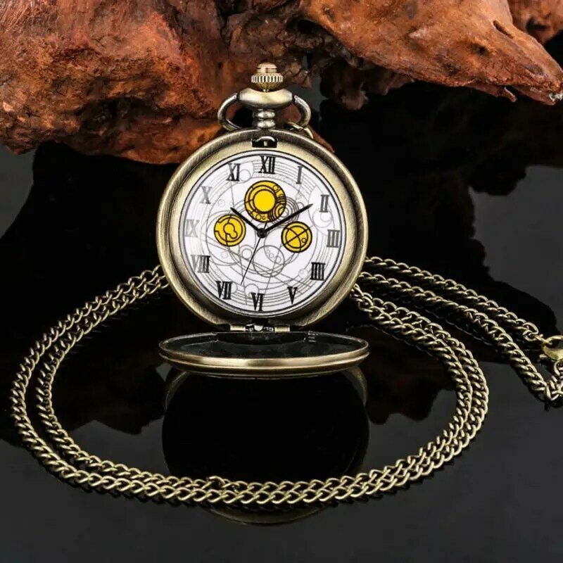 Retro Bronze Time Lord Space Exploration Design orologio da tasca al quarzo collana da uomo popolare Movie Hero Cosplay ciondolo catena dell'orologio