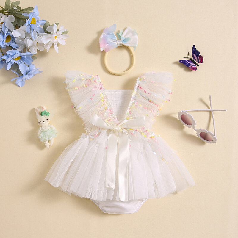 Robe barboteuse papillon à manches volantes pour nouveau-né fille, tenue avec nœud et bandeau, vêtements d'été