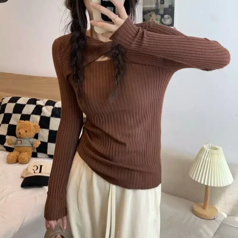 Pullovers Women Hollow Out Slim Chic Hotsweet Ins Pure Sexy Autumn Long-sleeve Gentle Leisure Korean Style Streetwear Basic Tops