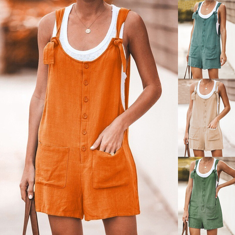 1pcs Summer Fashion New Cotton And Linen Lace-up One-piece Straps Solid Colored Buttons Comfortable Casual Women's Shorts